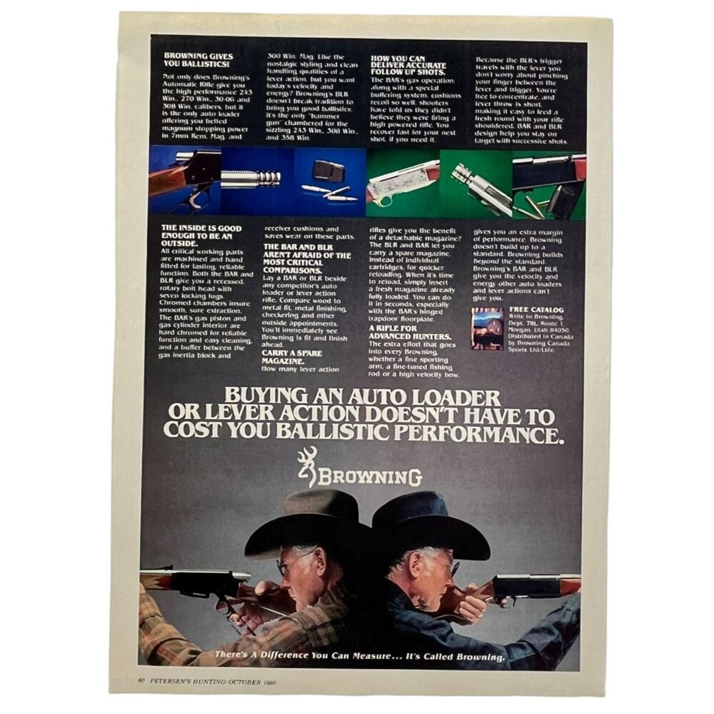 Browning Rifles Print Ad Vintage 1980 Hunting Automatic Rifles Firearms